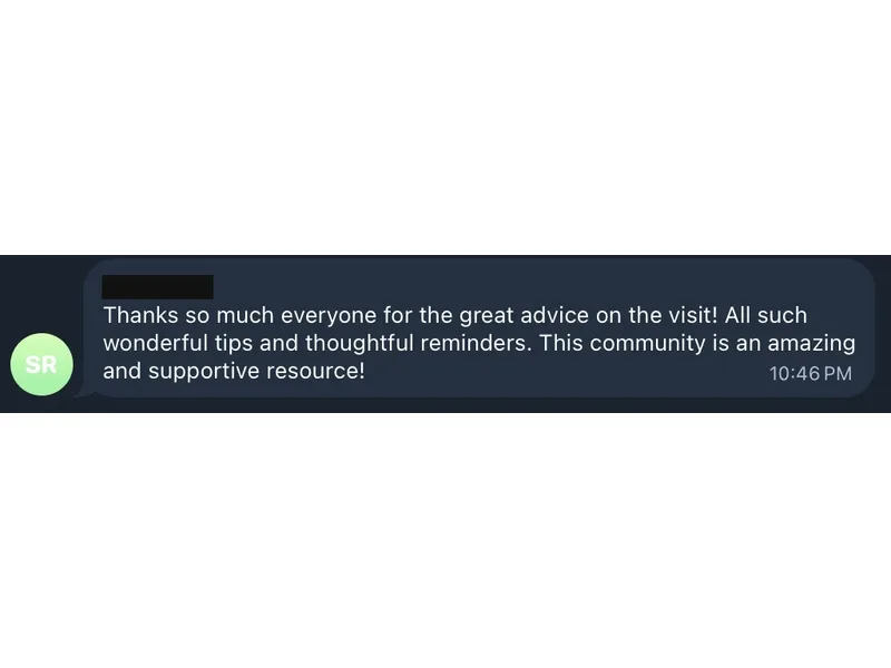 Testimonial screenshot: Community provided helpful recruiting visit advice