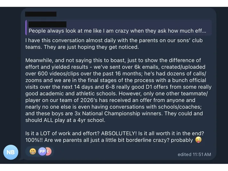 Testimonial screenshot: 6-8 D1 offers after 6,000 emails and 600 videos
