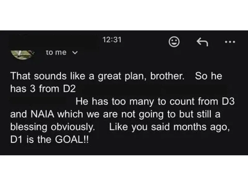 Testimonial screenshot: Three D2 offers and many D3/NAIA offers