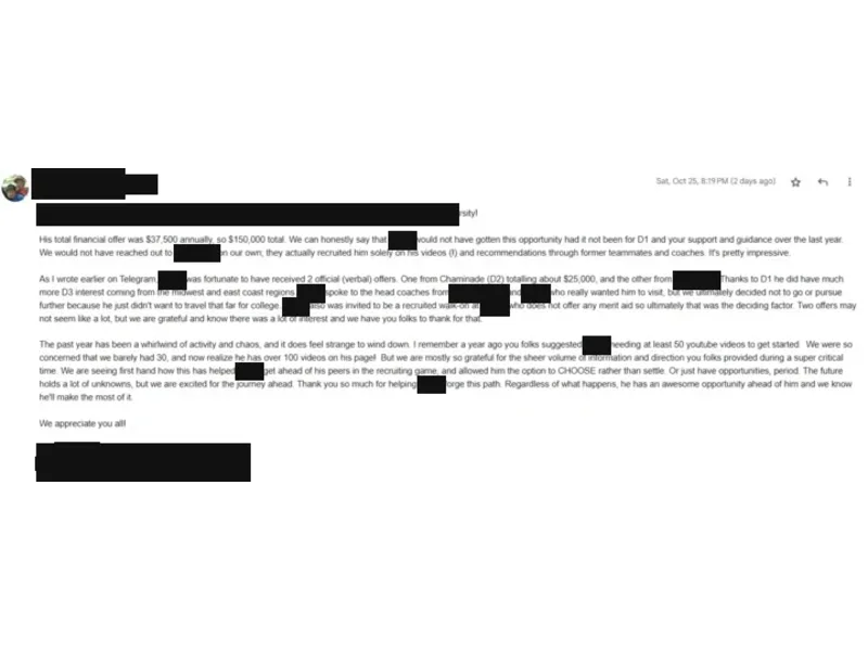 Testimonial screenshot: $37,500/year in financial aid after commitment