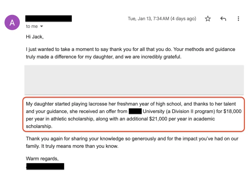 Testimonial screenshot: $39,000 annual academic and athletic scholarship