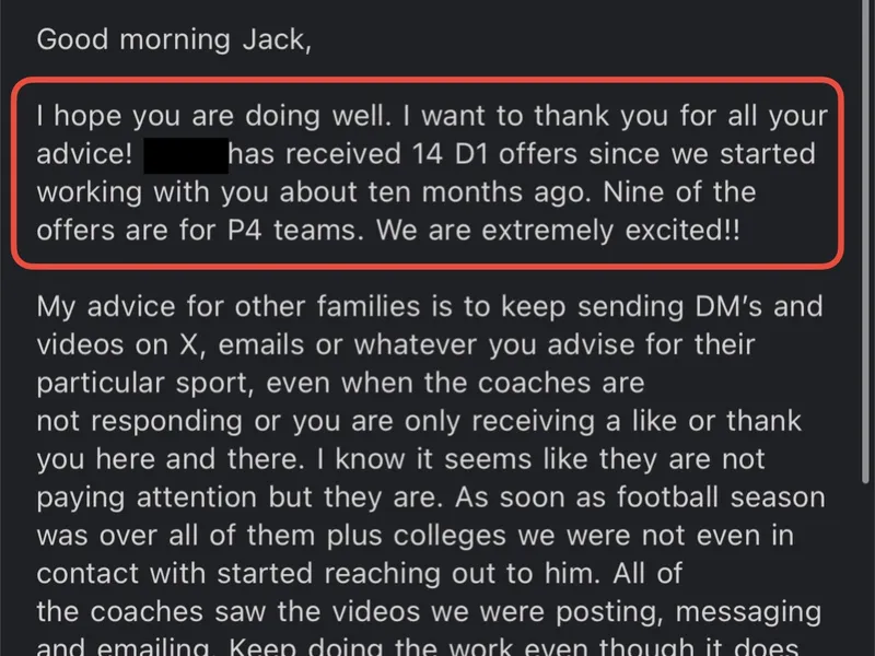 Testimonial screenshot: 14 D1 offers including nine P4 teams