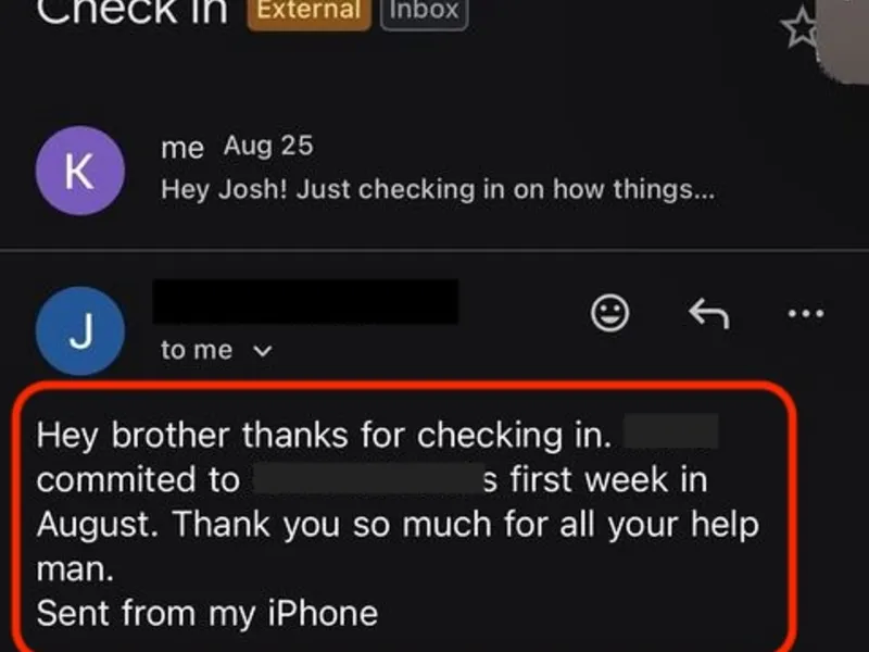 Testimonial screenshot: Successful commitment to athletic program
