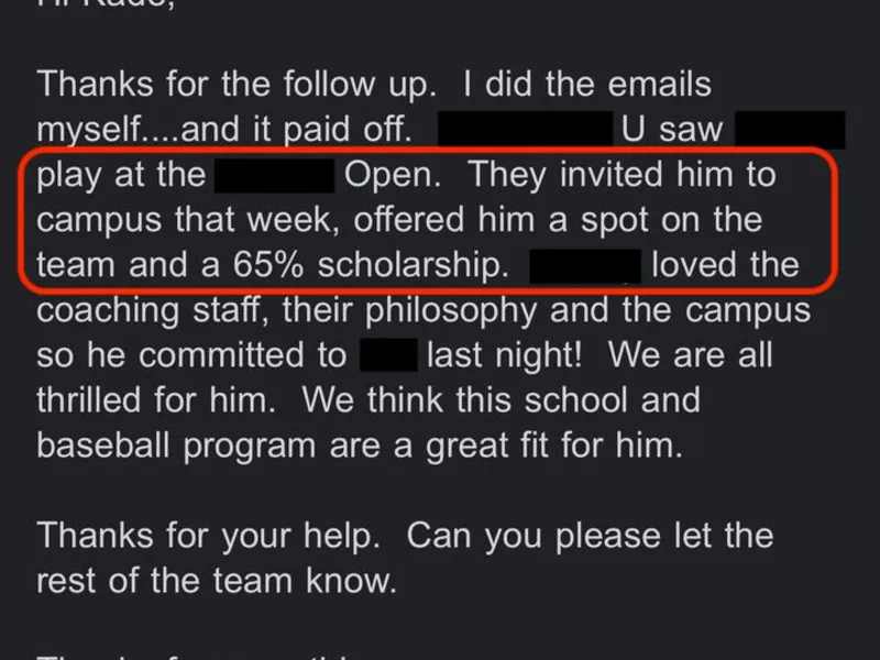 Testimonial screenshot: Offered 65% scholarship after emailing coaches