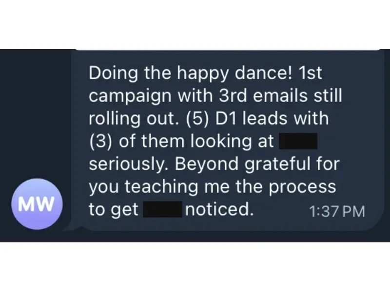 Testimonial screenshot: Five D1 leads with three serious interests