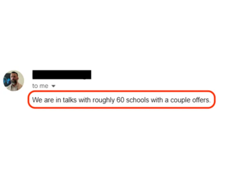 Testimonial screenshot: In active discussions with 60 schools