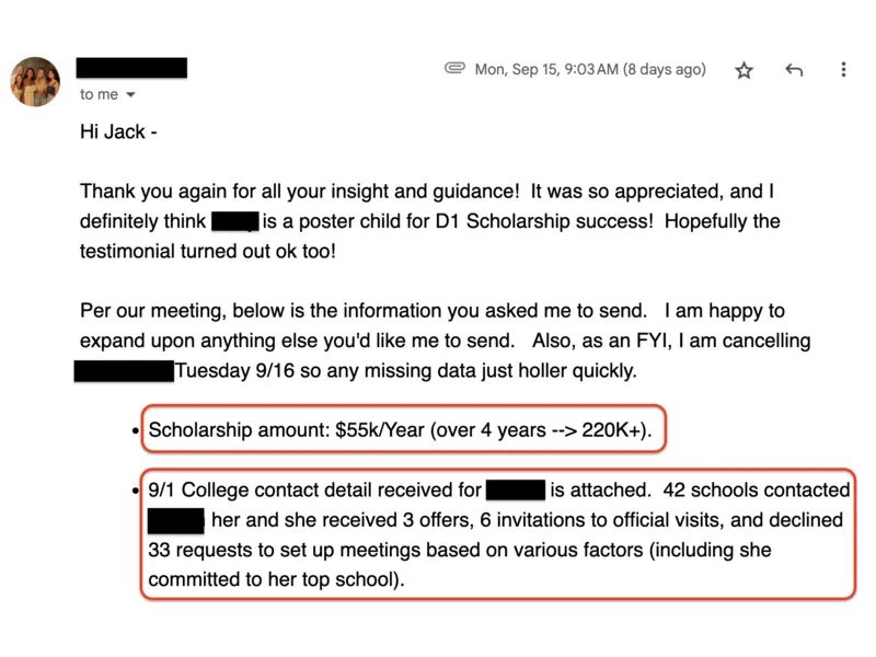 Testimonial screenshot: $220,000 in scholarships and 42 schools contacted