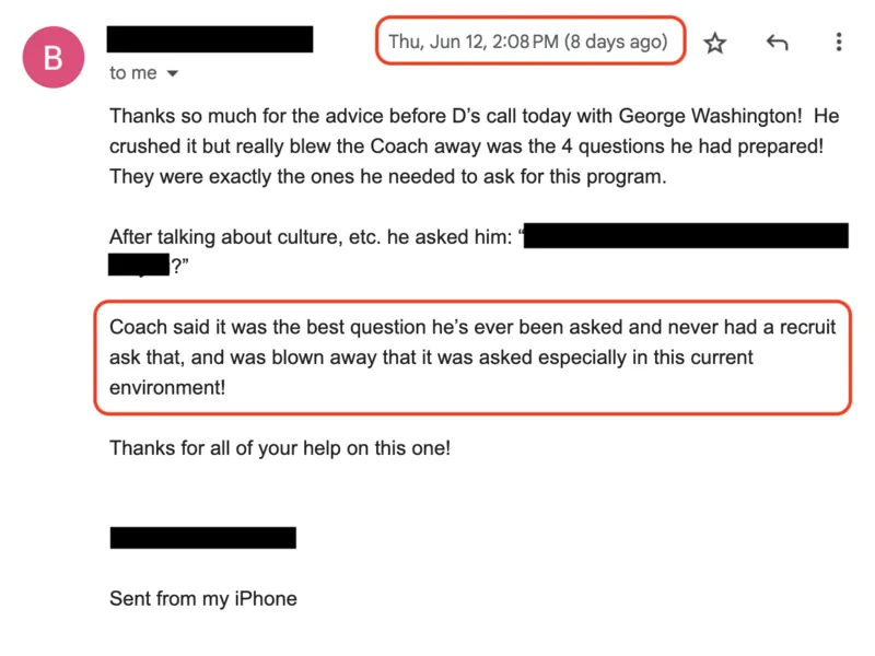 Testimonial screenshot: Strategic questions successfully impress college coach