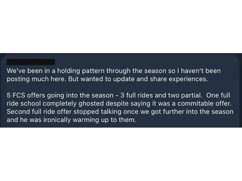 Testimonial screenshot: Five FCS offers including three full rides