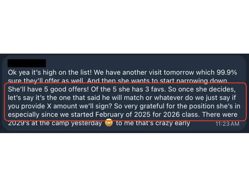 Testimonial screenshot: Received five offers for 2026 recruit
