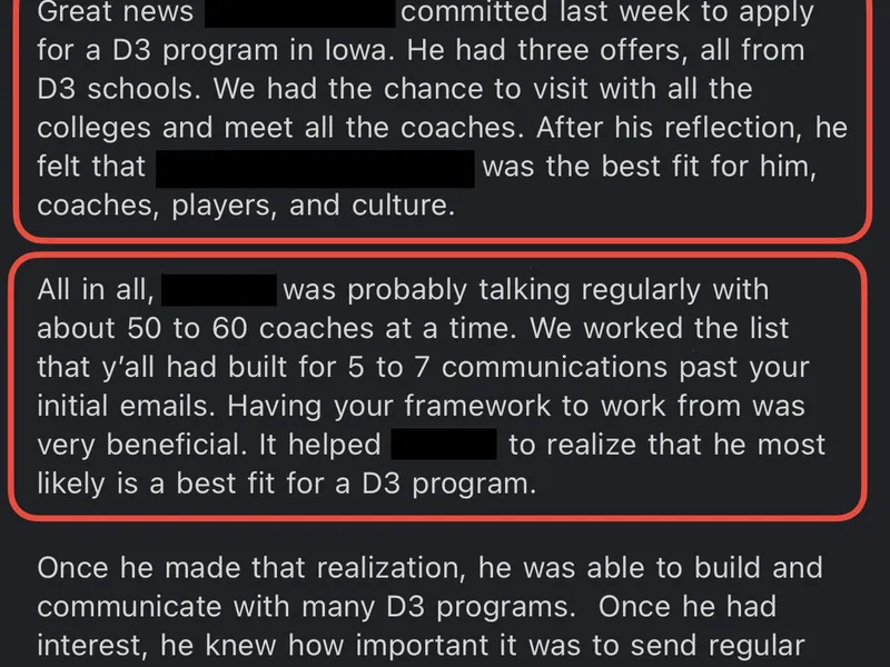 Testimonial screenshot: Committed to D3 school after communicating with 50-60 coaches