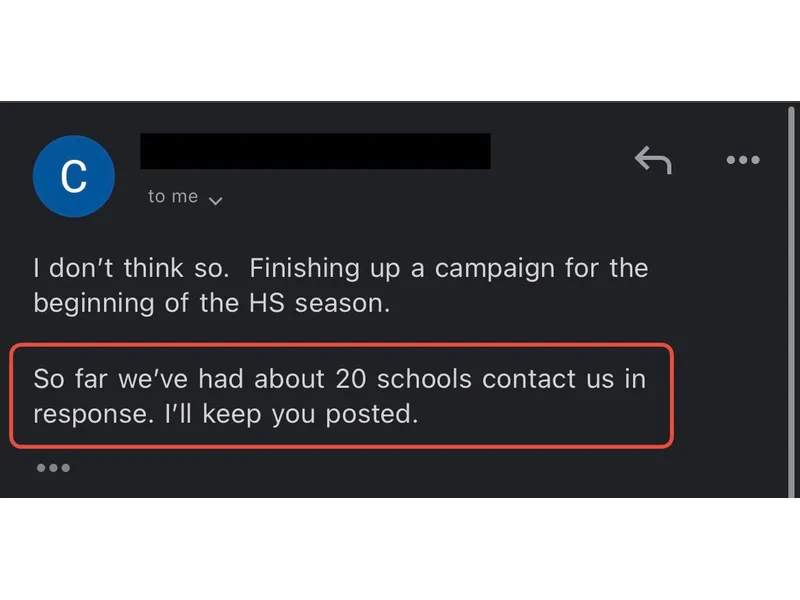 Testimonial screenshot: Twenty schools contacted following campaign