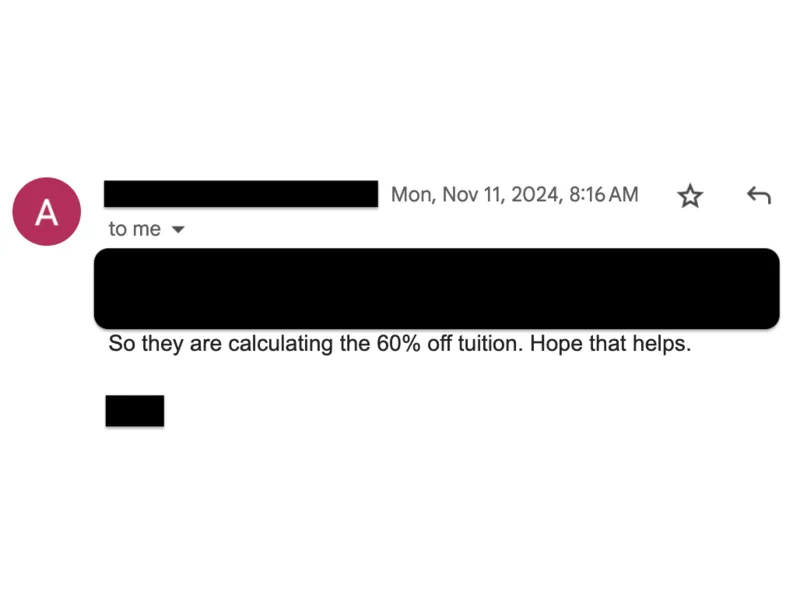 Testimonial screenshot: Tuition reduced by 60 percent
