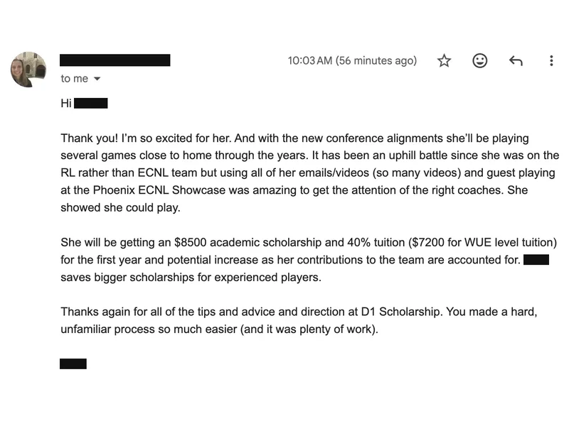 Testimonial screenshot: $15,700 first-year academic and tuition scholarship package