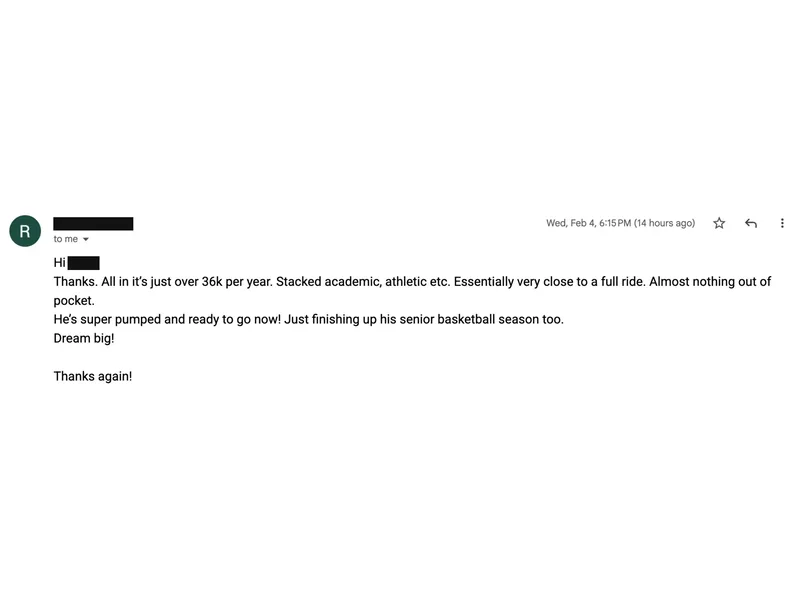 Testimonial screenshot: $36k annual scholarship package near full ride