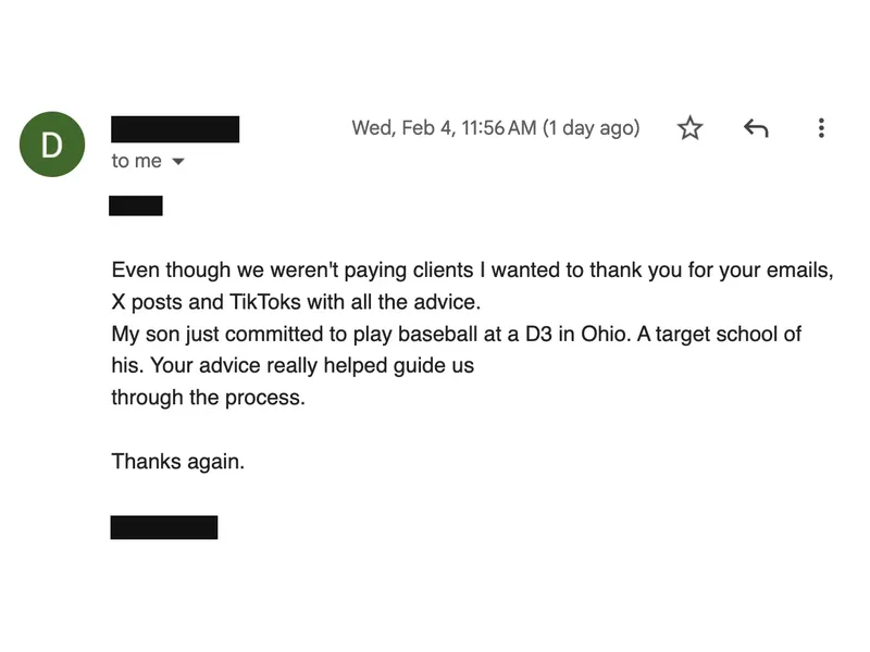 Testimonial screenshot: Committed to play baseball at D3 school