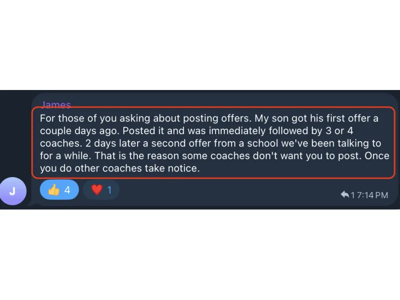 Testimonial screenshot: Posting offers creates a coach domino effect