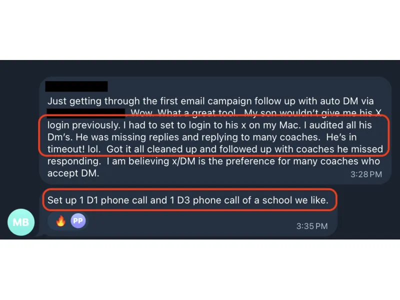 Testimonial screenshot: Set up one D1 and one D3 phone call