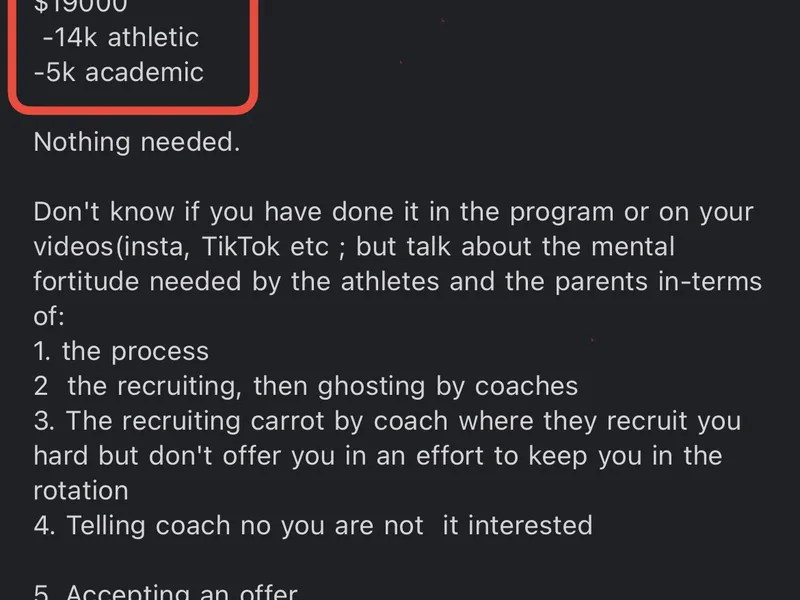 Testimonial screenshot: $19,000 scholarship package confirmed