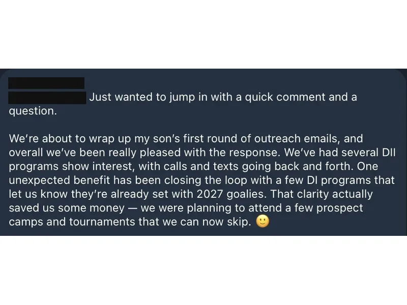 Testimonial screenshot: Interest from multiple Division II programs