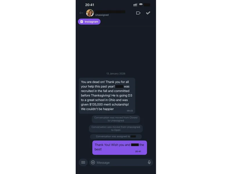 Testimonial screenshot: $135,000 merit scholarship for D3 commit