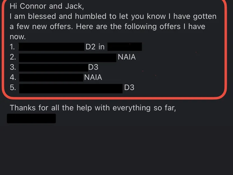 Testimonial screenshot: Received five new college offers