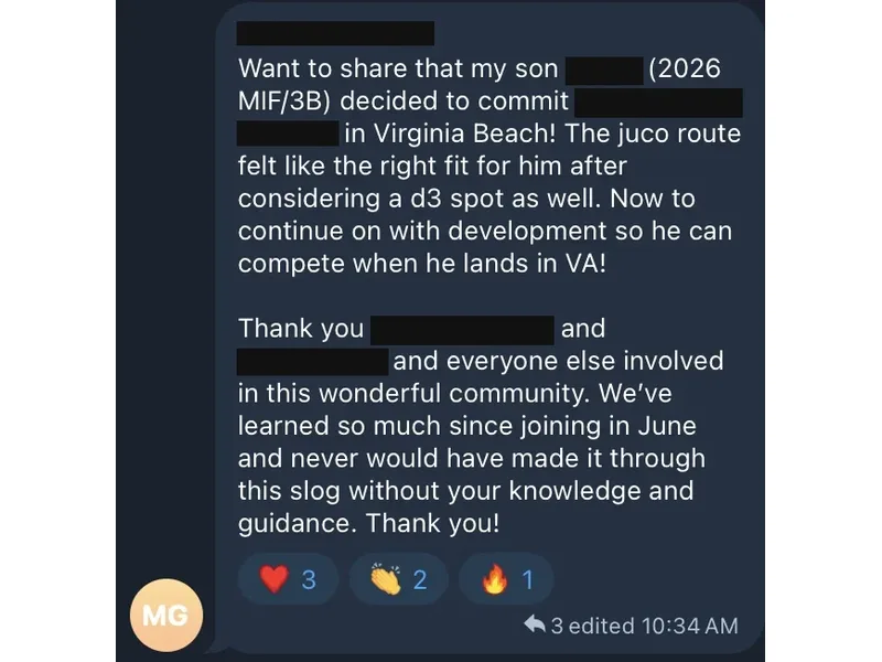 Testimonial screenshot: Son committed to a junior college