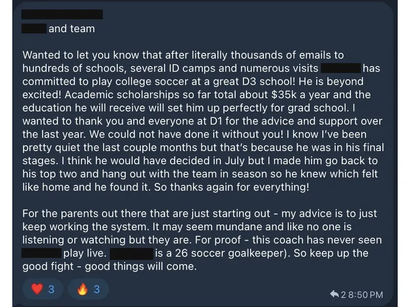 Testimonial screenshot: $35,000 annual academic scholarship for D3 soccer