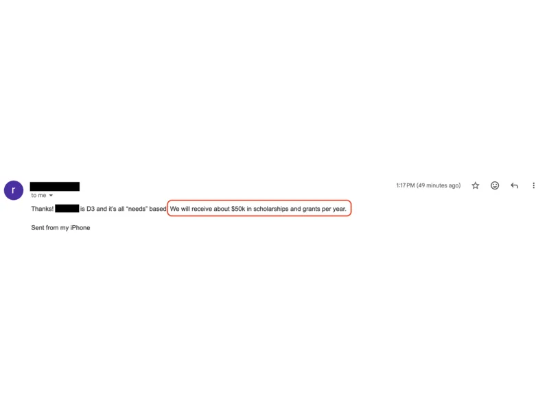 Testimonial screenshot: Receiving $50k in annual scholarships and grants
