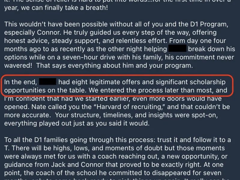 Testimonial screenshot: Division III commitment with eight total offers