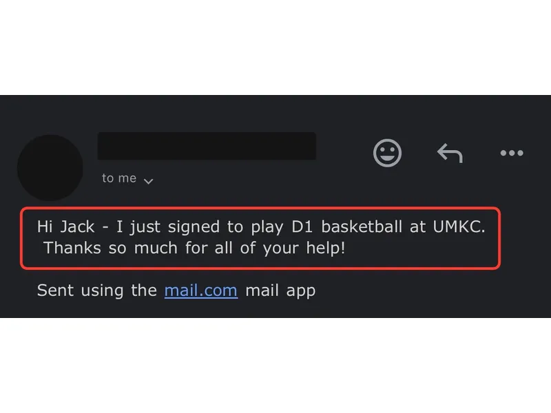 Testimonial screenshot: Signed to play D1 basketball