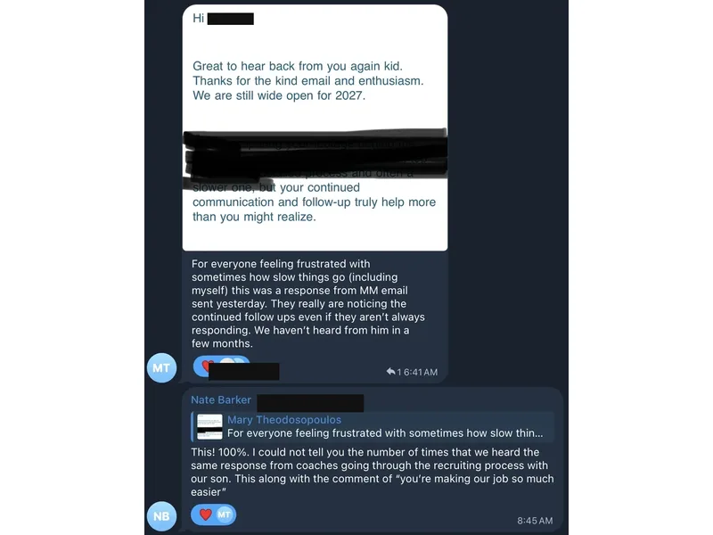 Testimonial screenshot: Recruiting persistence leads to coach engagement