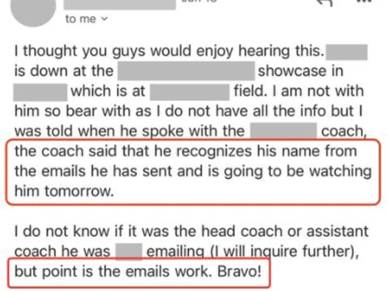 Testimonial screenshot: Coach recognized player name from sent emails