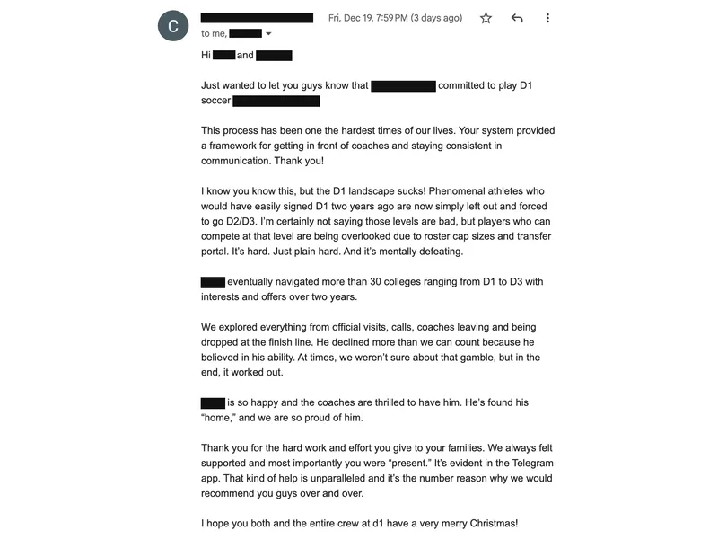 Testimonial screenshot: Student committed to play D1 soccer