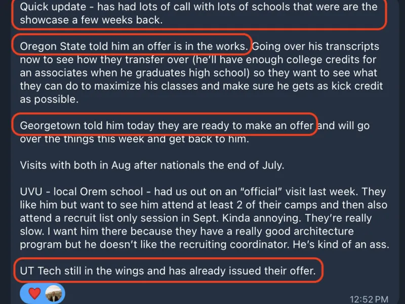 Testimonial screenshot: Multiple upcoming offers and scheduled official visits