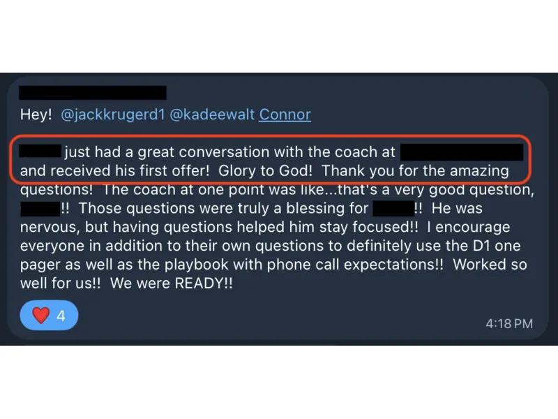 Testimonial screenshot: First athletic offer received after using playbook