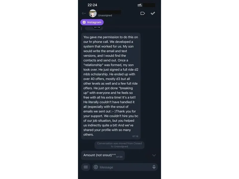 Testimonial screenshot: Full-ride D2 scholarship after 40+ total offers