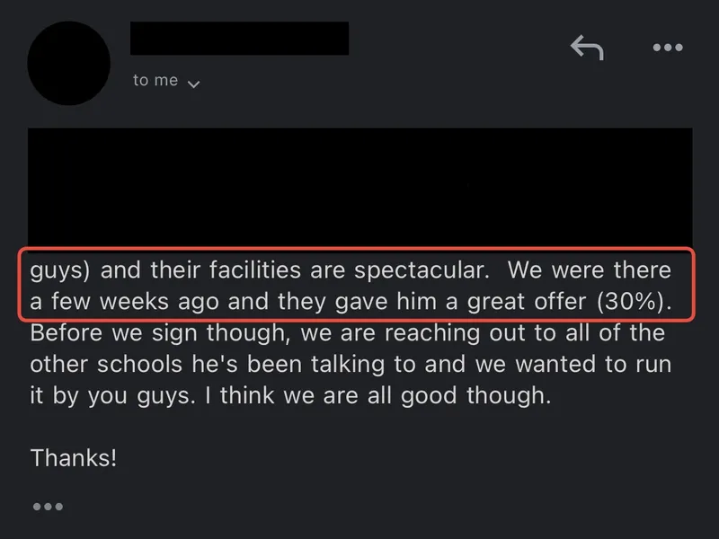 Testimonial screenshot: Offered 30 percent scholarship