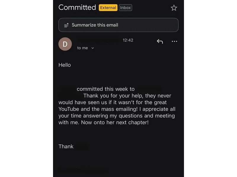 Testimonial screenshot: Athlete committed after mass emailing