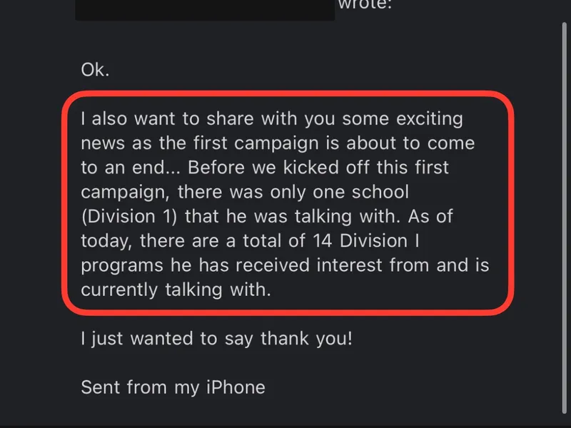 Testimonial screenshot: Increased D1 interest from 1 to 14 schools