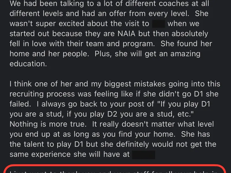 Testimonial screenshot: Committed to NAIA program after wide interest