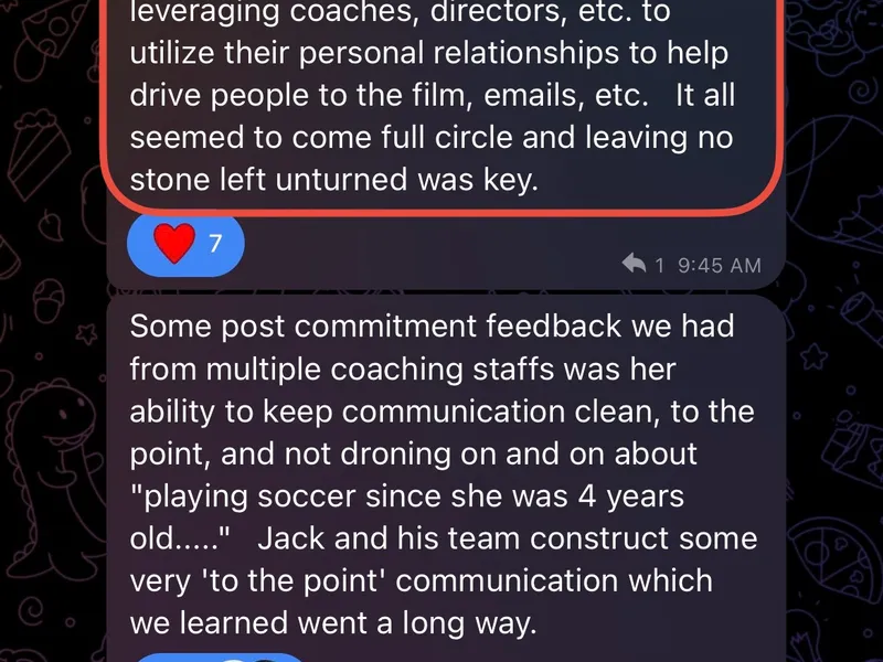 Testimonial screenshot: Commitment to dream D1 soccer program