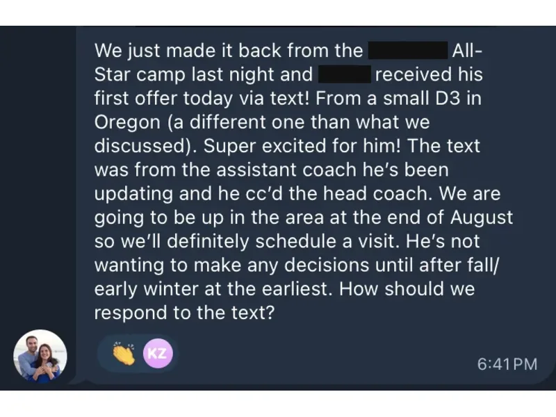 Testimonial screenshot: Division 3 offer received after camp