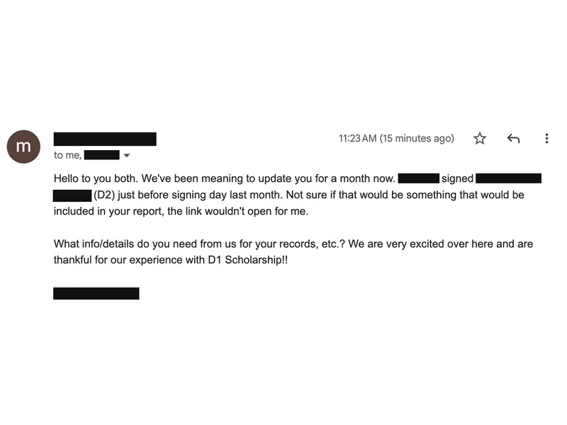 Testimonial screenshot: Signed with a D2 college