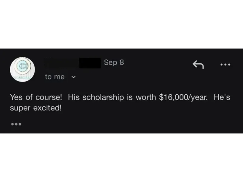 Testimonial screenshot: Scholarship worth $16,000 per year