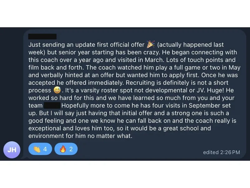 Testimonial screenshot: Athlete secures varsity roster spot after recruitment