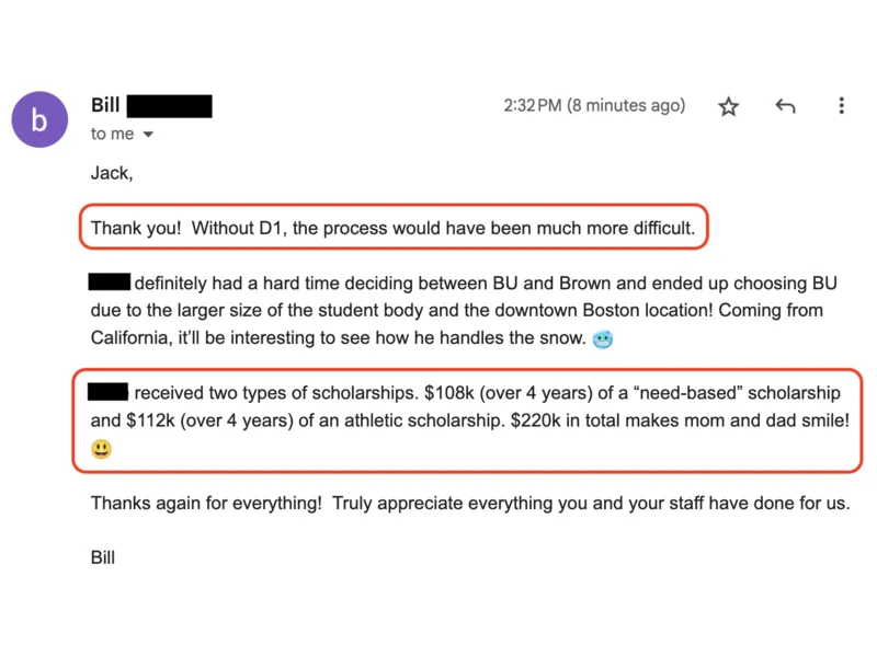Testimonial screenshot: $220k total in need-based and athletic scholarships