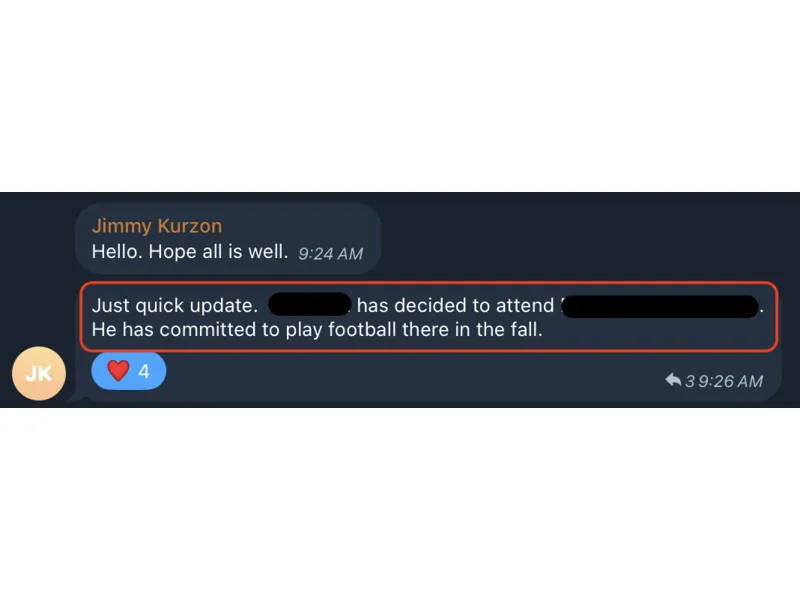 Testimonial screenshot: Committed to play football in the fall