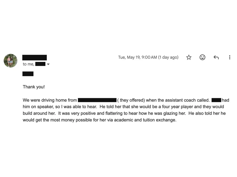 Testimonial screenshot: Offered four-year roster spot with tuition support