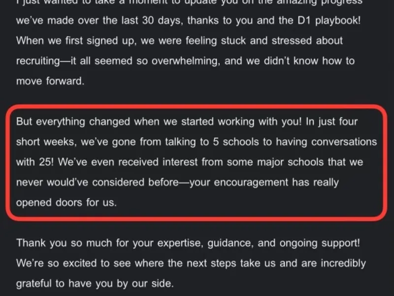 Testimonial screenshot: Increased conversations from 5 to 25 schools